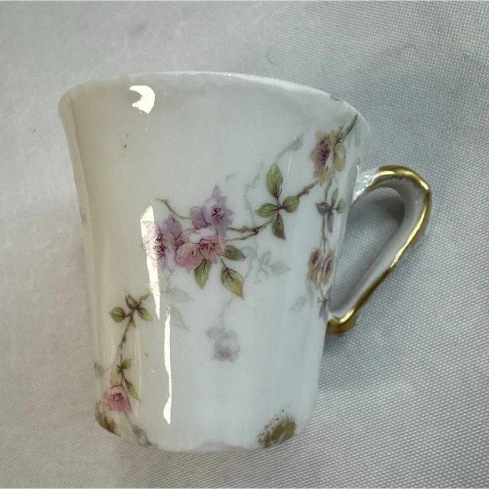 Antique Theodore Haviland Limoges France Fluted Porcelain Cup Pink Rose Garland